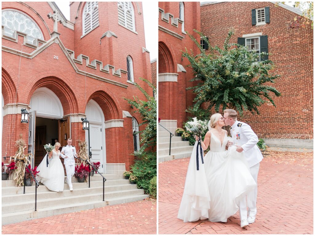 Naval officer and bride exiting historic brick church in downtown Frederick, fall wedding portrait with architectural details