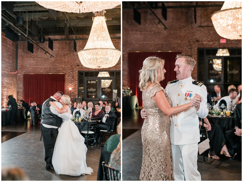 Father-daughter and mother-son wedding dances at Union Mills Public House in Frederick, MD. Naval officer groom dances with mother in gold dress while bride dances with father under crystal chandeliers in historic brick venue.