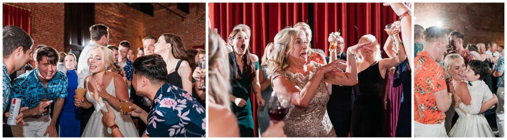 Candid moments from wedding reception dance floor showing guests laughing and celebrating. Mix of formal attire and casual Hawaiian shirts as military wedding transitions to party atmosphere.