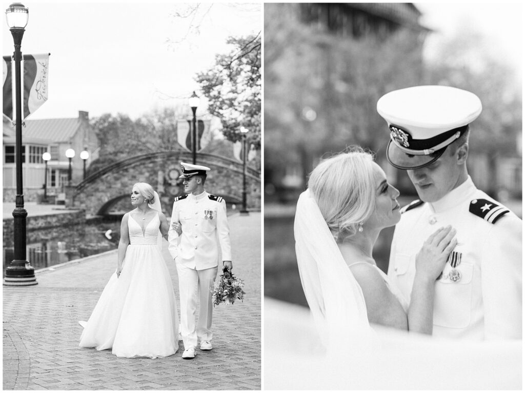 Classic black and white portraits of naval couple along Carroll Creek promenade in historic Frederick