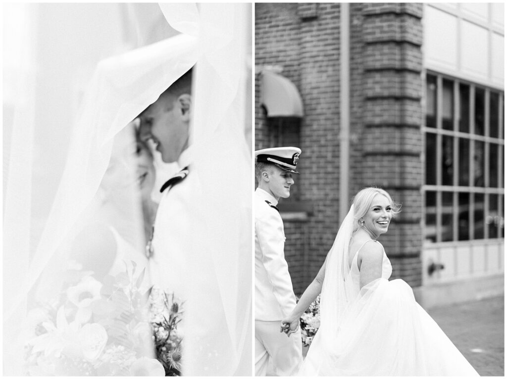 Classic black and white portraits of naval couple with dramatic veil at historic Maryland wedding venue