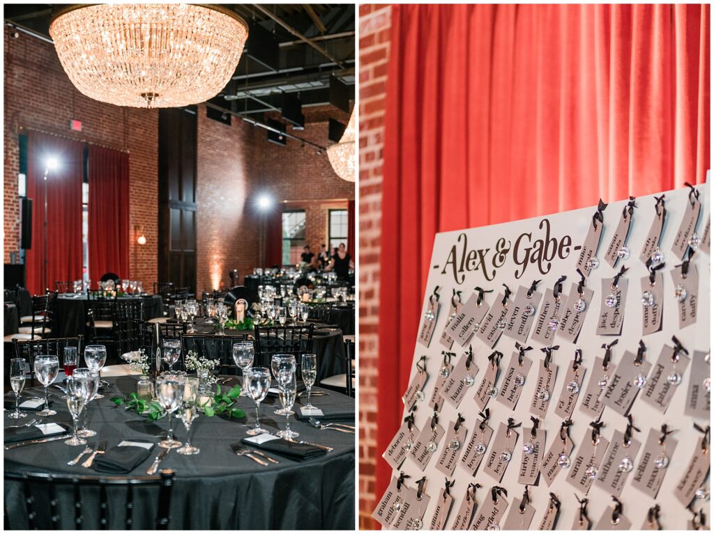 Modern wedding reception details at Union Mills with black linens, crystal chandelier, and custom military-themed seating chart in historic Frederick venue