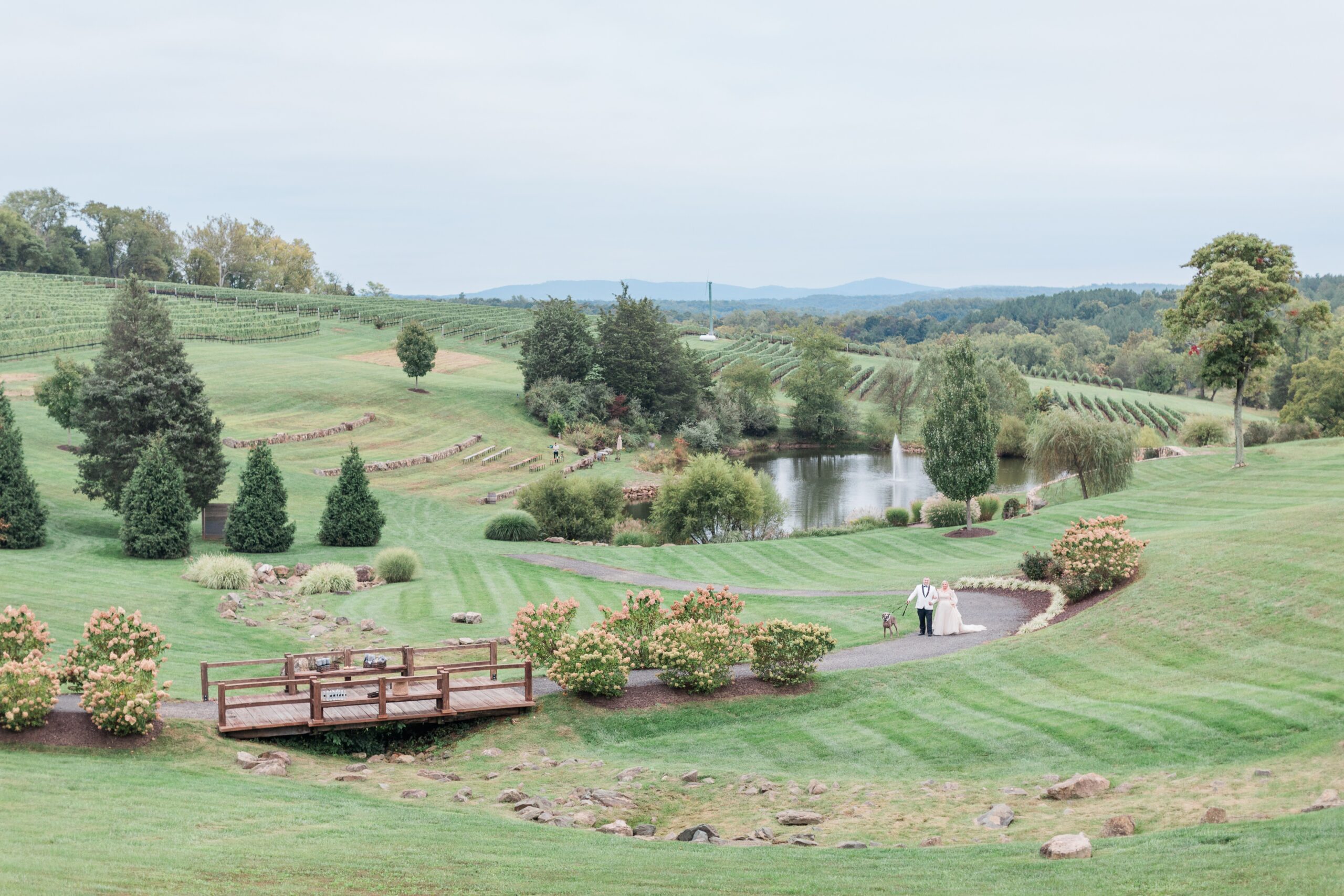 Bride and groom walk up a rolling hill, overlooking a pond during their Stone Tower Winery Wedding