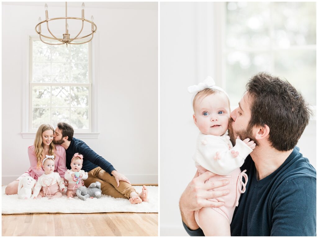 6-month milestone session in Maryland featuring lifestyle family portraits with twins and affectionate father-daughter moment in natural light.
