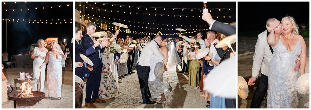 Night at a Stone Tower Winery Wedding. Bride roasting marshmallows, the couple's exit under string lights, and a couples candid portrait at the end of the night