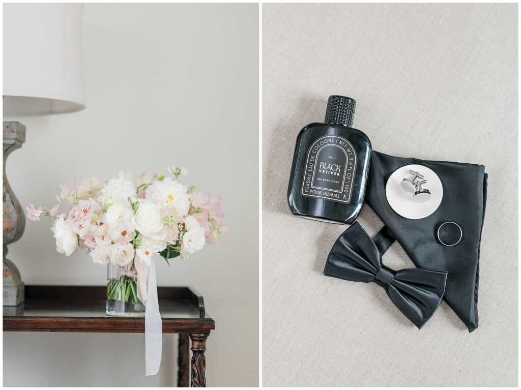 Stone Tower Winery Wedding details of bouquet in a vase and groom's details