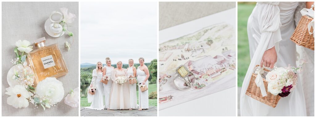 Stone Tower Winery Wedding details including engraved perfume, bride with bridesmaids, custom envelope liner, and detail of the bridesmaid wicker basket boquet