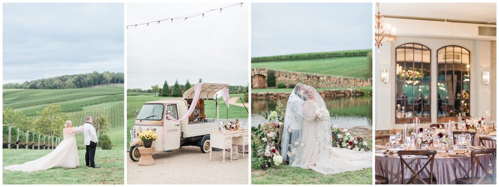 First Look at Stone Tower Winery, cocktail hour details, pond ceremony and reception details