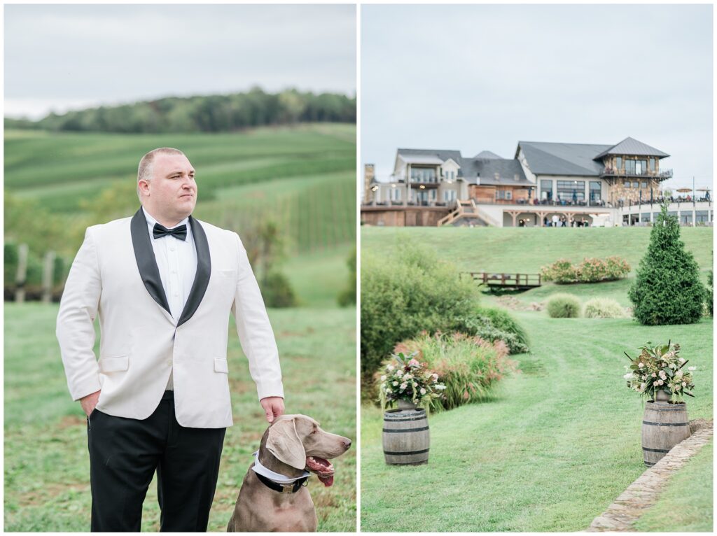 Groom at Stone Tower Winery Wedding with his dog and a view of the main building