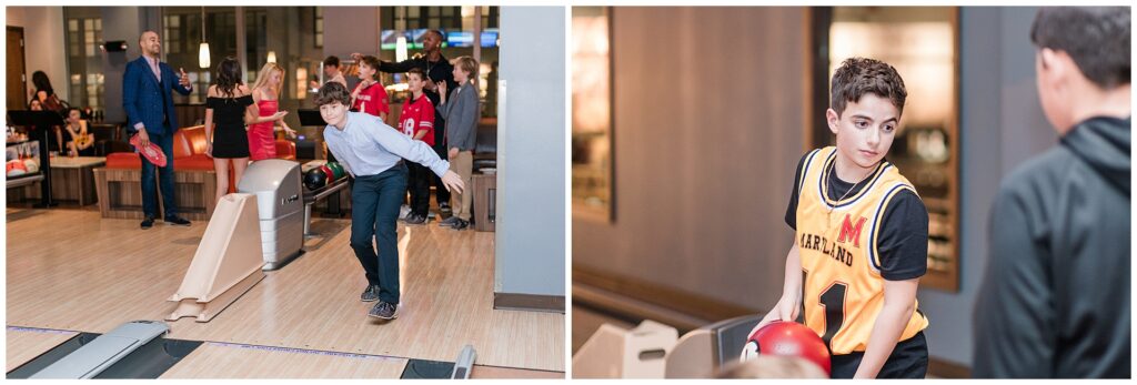 Kids bowling and dancing during a Bar Mitzvah at Pinstripes North Bethesda — lively reception images by a Maryland event photographer