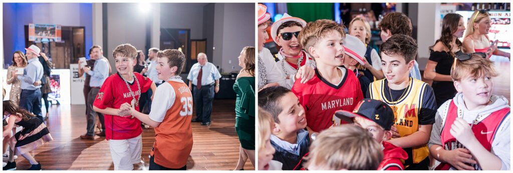 Kids celebrating on the dance floor at a Maryland Bar Mitzvah in North Bethesda — candid crowd energy and joyful reception moments