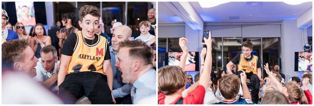 Hora chair lift during a Maryland Bar Mitzvah at Pinstripes North Bethesda — joyful dance floor moments during the reception celebration