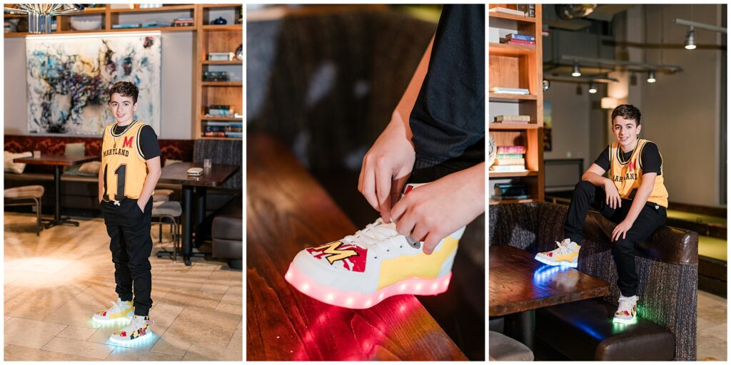 Bar Mitzvah portraits and outfit details at Pinstripes North Bethesda — custom Maryland shoes and jersey captured at a North Bethesda event venue