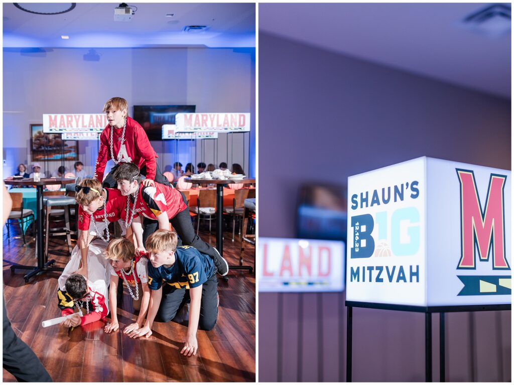 Candid reception photos at a Maryland Bar Mitzvah — dance floor games and jersey-themed outfits captured at Pinstripes North Bethesda