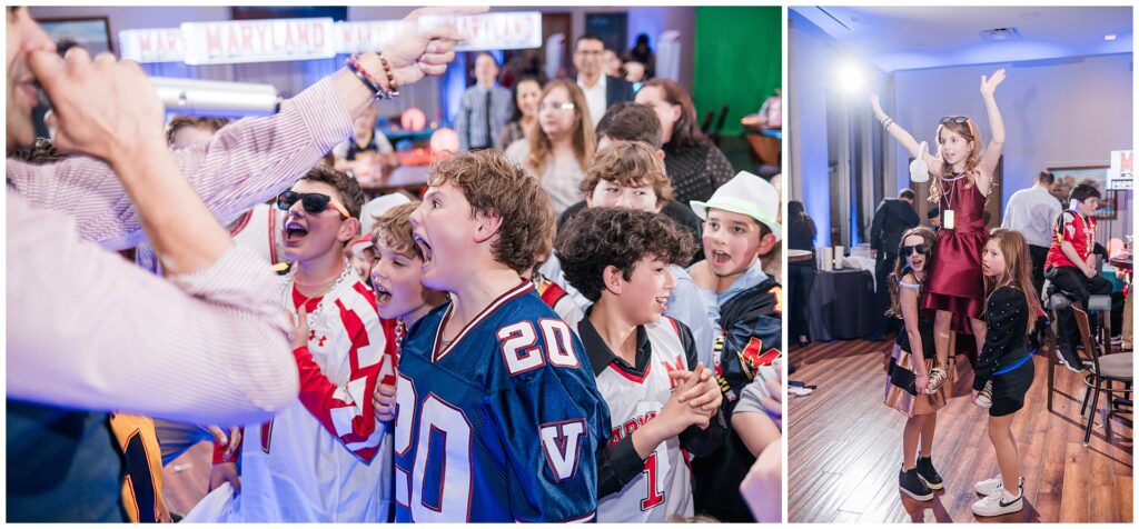 High-energy Bar Mitzvah reception crowd and pyramid game at Pinstripes North Bethesda — celebration coverage by Maryland event photographer