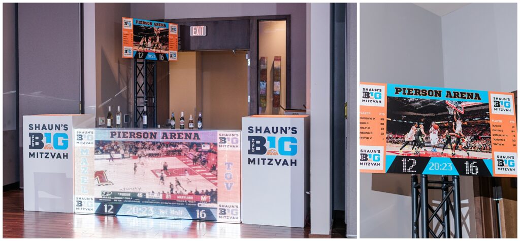 Custom basketball-themed decor and scoreboard at a Bar Mitzvah reception at Pinstripes North Bethesda — modern Maryland milestone celebration design