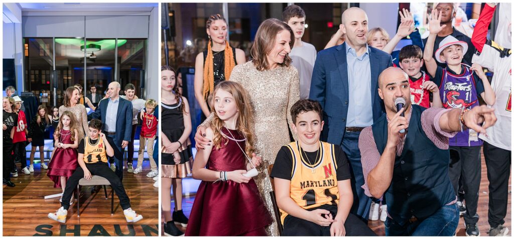 Bar Mitzvah family portraits on the dance floor at Pinstripes North Bethesda — celebration moment with MC and crowd during milestone reception