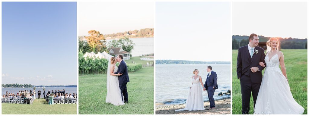 Outdoor waterfront ceremony, vineyard portraits, and golden-hour couple photos at Bohemia Overlook—capturing a Chesapeake Bay wedding day with full photography timeline coverage