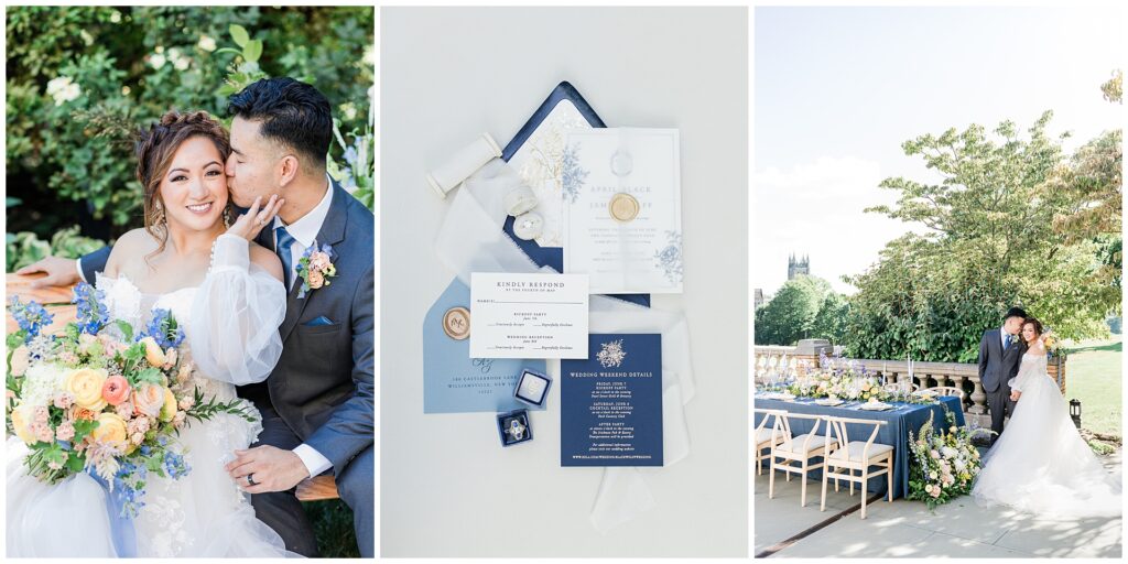 Elegant wedding portraits, flatlay details, and outdoor reception table at Cairnwood Estate—illustrating full-day photography timeline coverage at a historic Pennsylvania manor venue