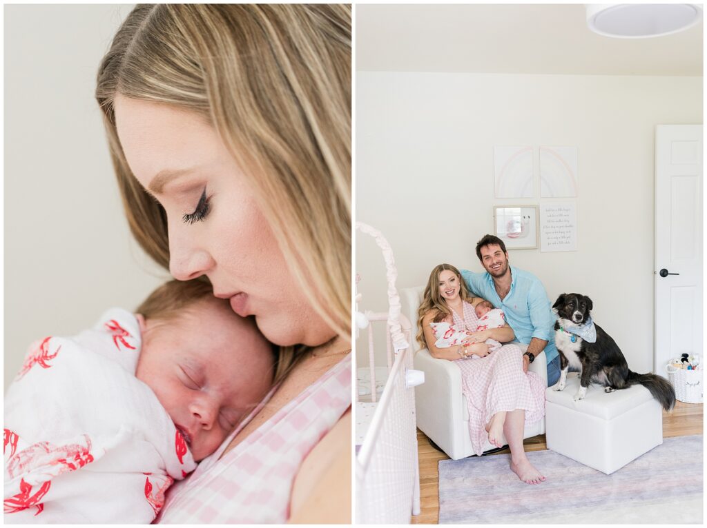 Family portrait with newborn twins and their dog wearing a “Big Brother” bandana during a Gaithersburg, MD newborn session.