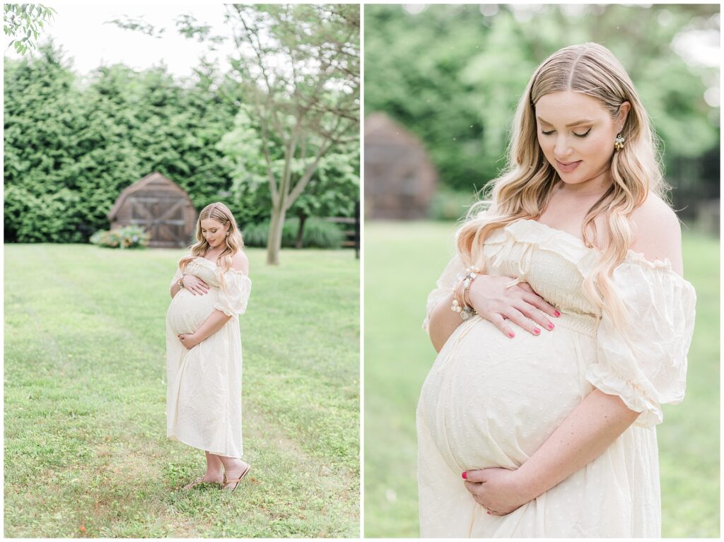 Mom gently holds her belly in a soft yellow dress during her twin maternity session in Gaithersburg, MD.