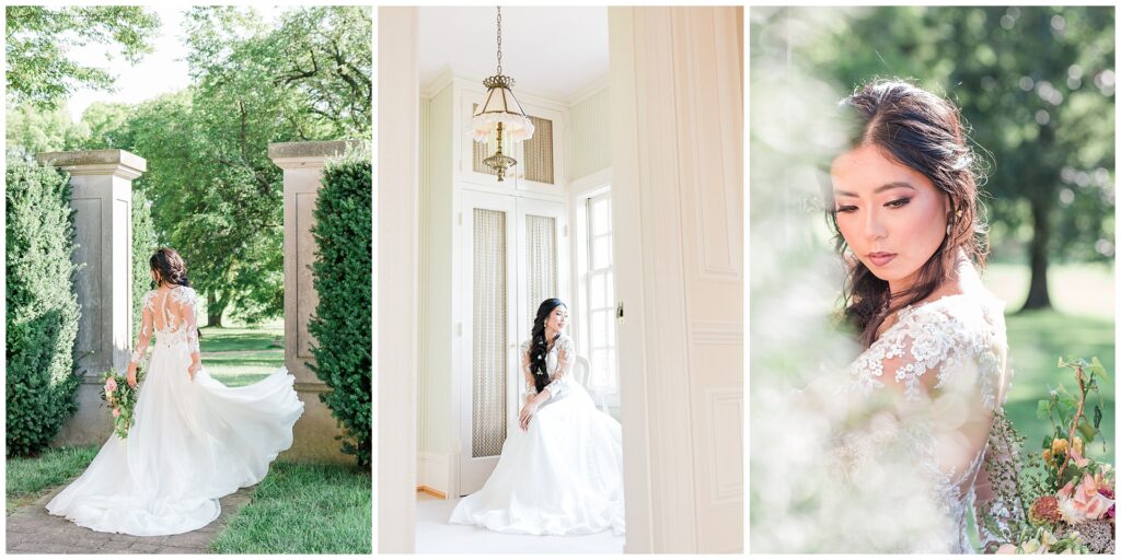 Elegant bridal portraits at Great Marsh Estate, captured across garden and interior settings to illustrate full-day wedding photography timeline coverage