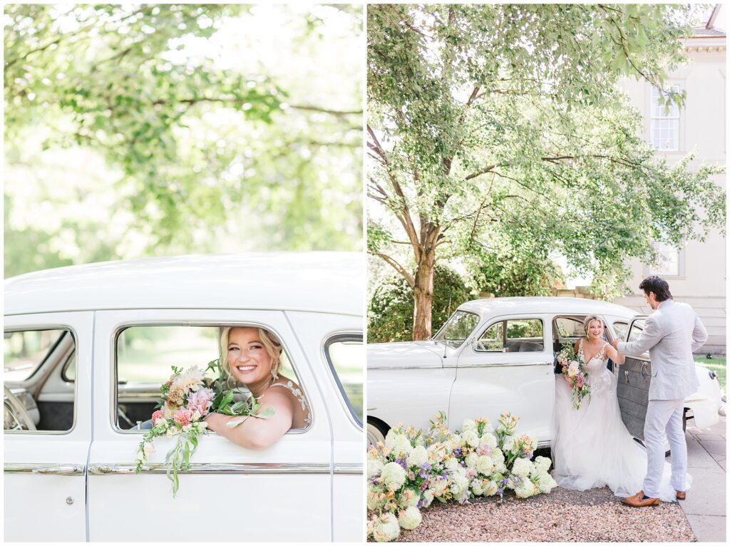 Bride stepping out of vintage white car at Great Marsh Estate surrounded by florals, capturing luxury wedding portrait during full-day timeline photography coverage.