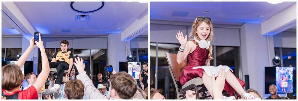 Bar Mitzvah boy and sister lifted during the hora at Pinstripes North Bethesda — festive moment from a Montgomery County milestone celebration