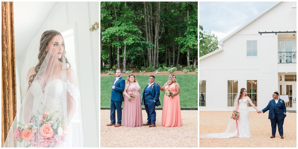 Bride with veil, bridal party in pink tones, and couple holding hands outside Ivy Rose Barn