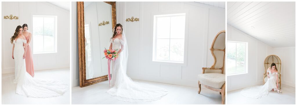 Bridal portraits in the Ivy Rose Barn getting ready suite with natural light and elegant white interior