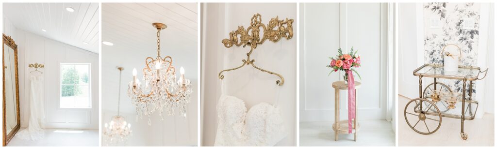 Bridal suite at Ivy Rose Barn with lace gown, crystal chandelier, and romantic vintage details