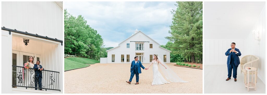 Newlyweds at Ivy Rose Barn standing in front of the white facade and walking hand in hand