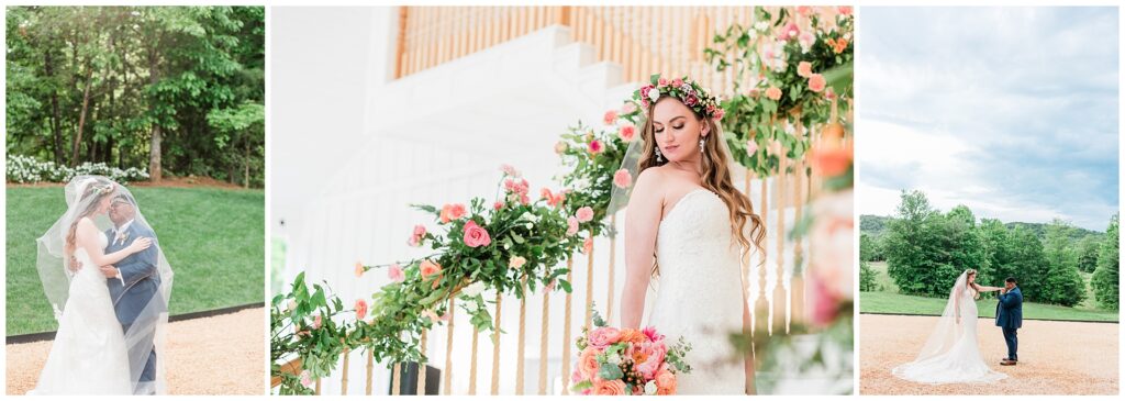Bride and groom portraits at Ivy Rose Barn featuring outdoor lawn, staircase florals, and romantic moment