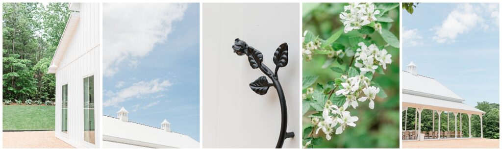 Architectural details and exterior vignettes of Ivy Rose Barn, including porch columns, roofline, and floral landscaping