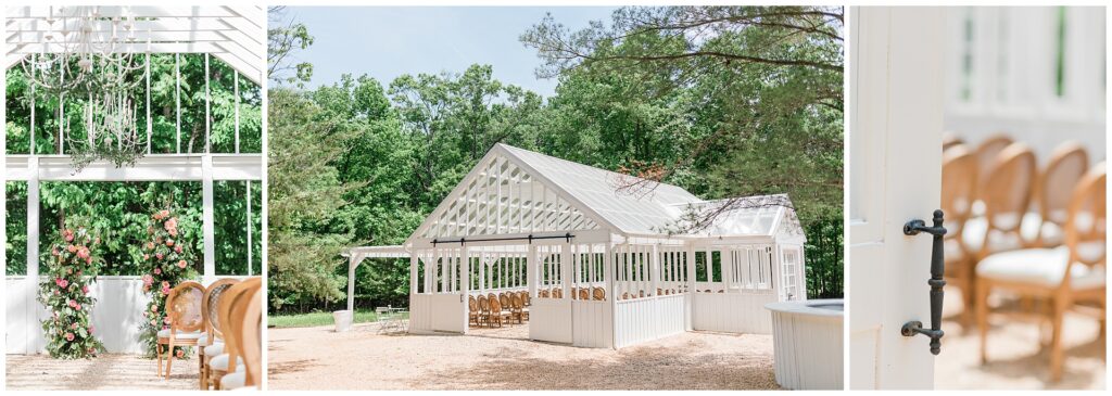 Greenhouse ceremony space at Ivy Rose Barn with floral installations, chandeliers, and wooden chairs under glass roof