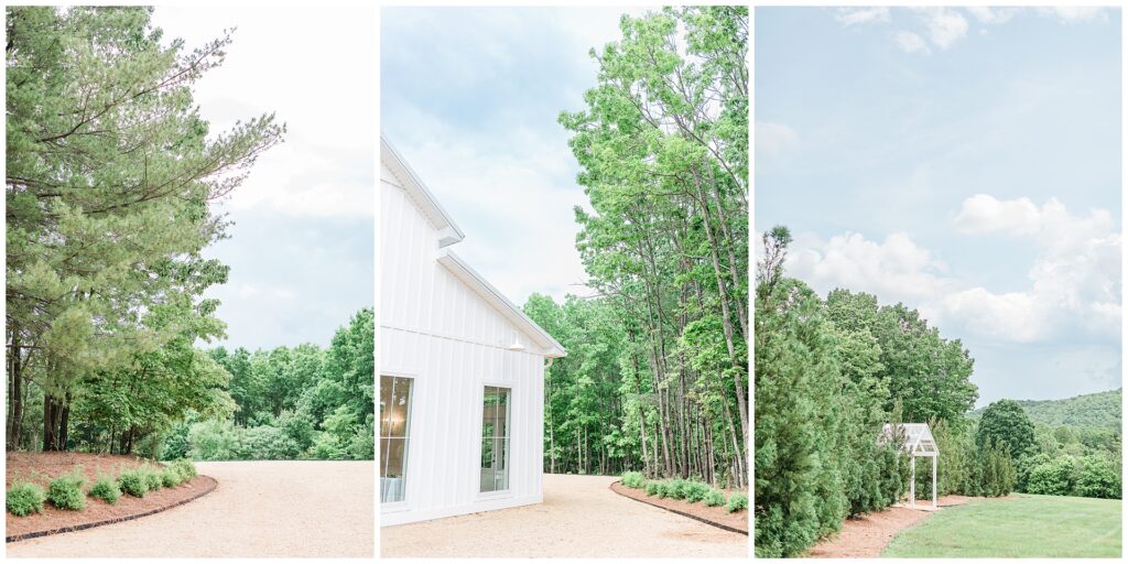 Tree-lined paths and open lawn behind Ivy Rose Barn with ceremony arbor and forest views