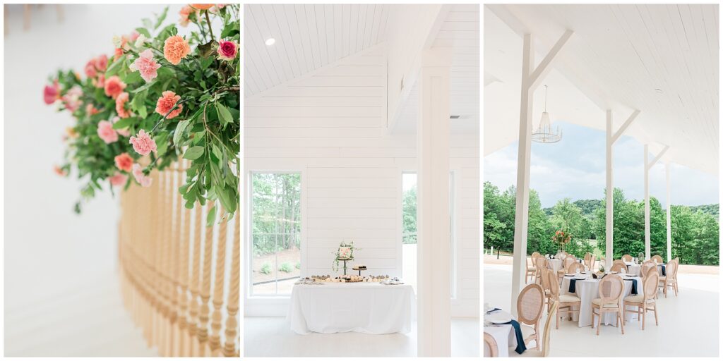Reception florals, dessert table, and round guest tables at Ivy Rose Barn’s open-air pavilion