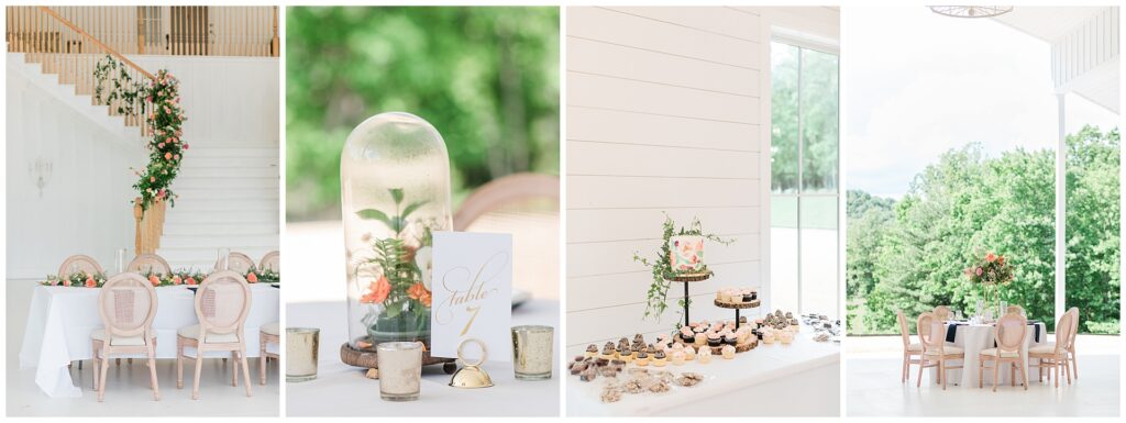 Reception details at Ivy Rose Barn including sweetheart table, centerpiece, dessert table, and floral cake