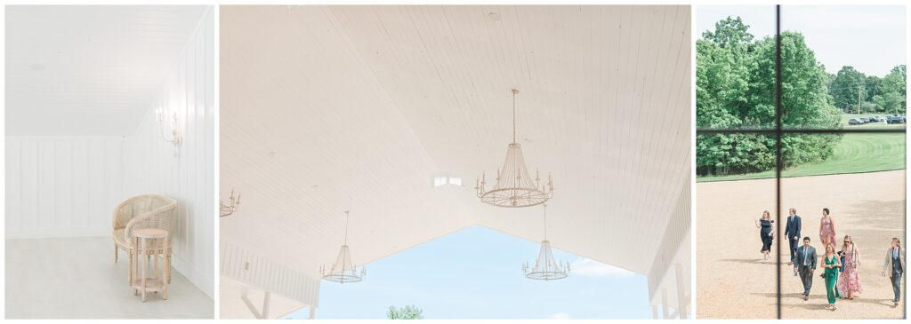 Chandelier and seating details at Ivy Rose Barn with guests arriving outside as seen through a window