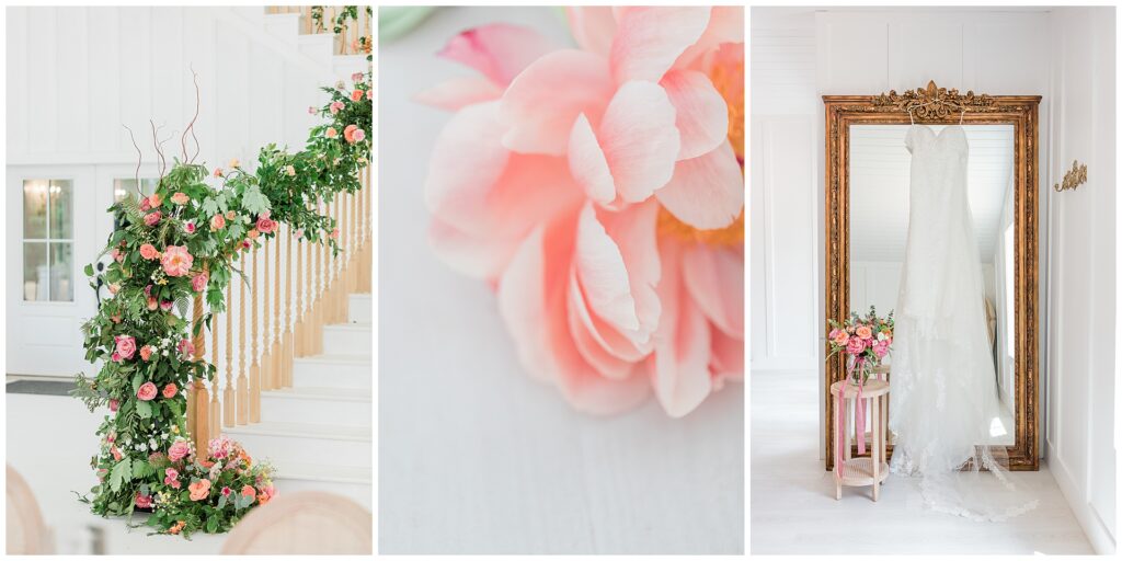Wedding gown, pink peony, and floral staircase installation at Ivy Rose Barn with vintage mirror and bouquet