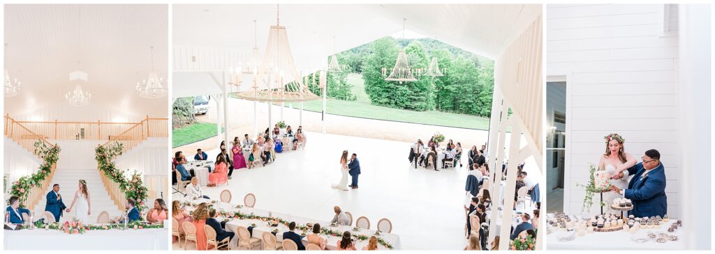 Wedding reception at Ivy Rose Barn featuring grand staircase, first dance, and cake cutting moment