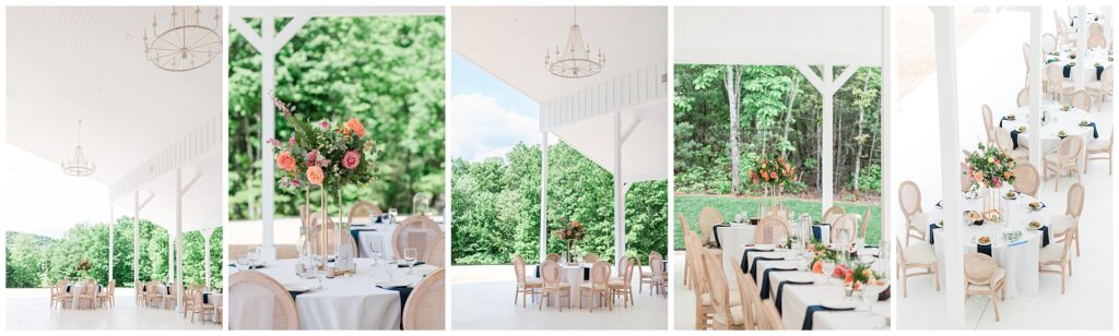 Elegant reception details at Ivy Rose Barn featuring floral centerpieces, natural wood chairs, and soft white backdrop
