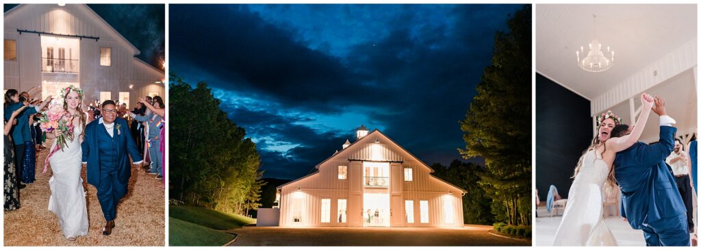 Bride and groom sparkler exit at Ivy Rose Barn, night view of venue, and joyful first dance