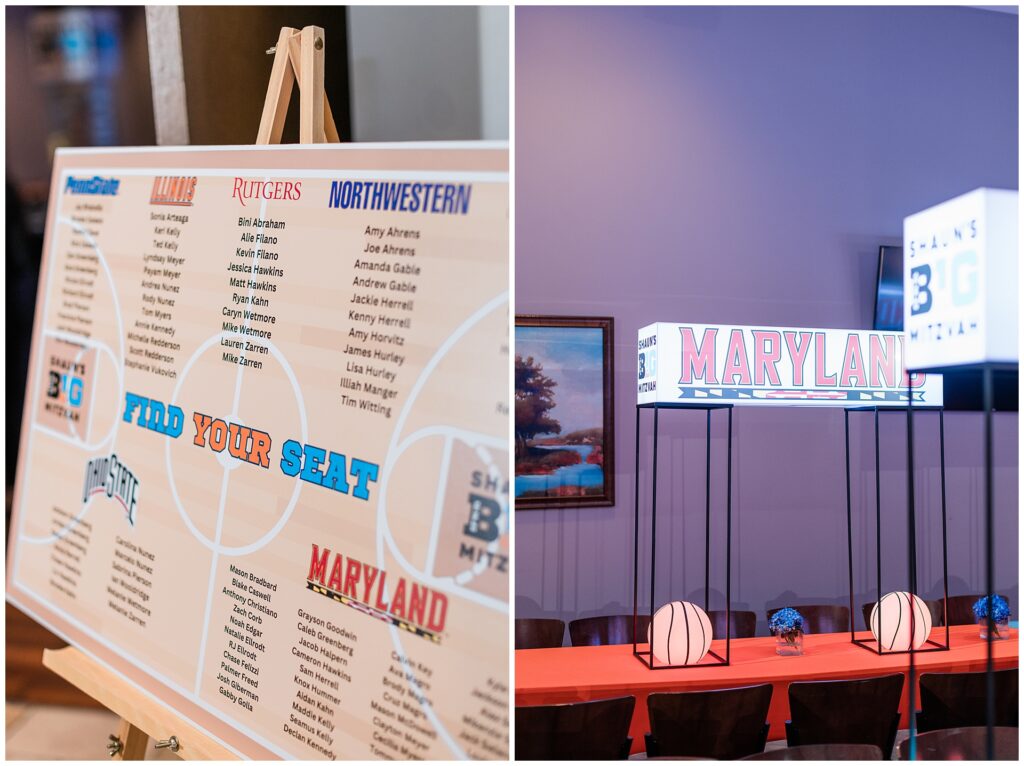 Reception details from a Maryland Bar Mitzvah at Pinstripes North Bethesda — custom seating chart and themed decor with university-inspired centerpieces