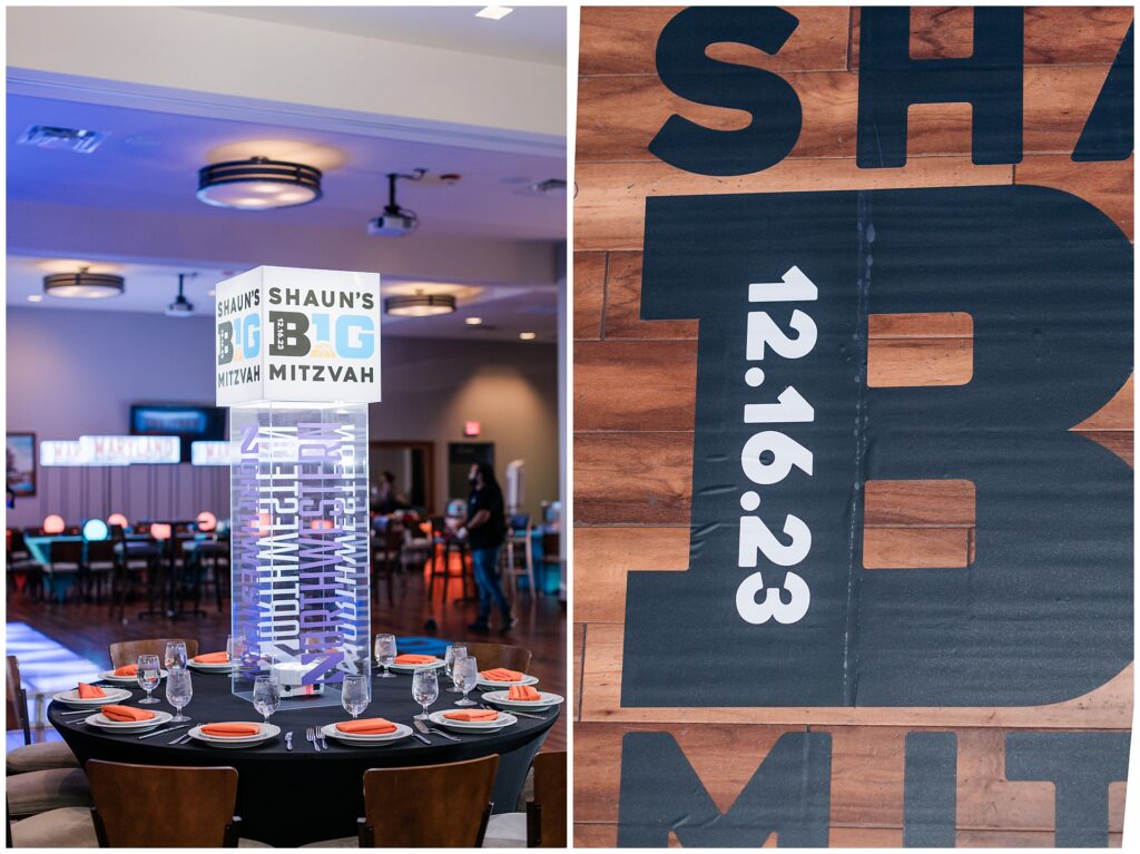 Basketball-themed decor and date details from a Bar Mitzvah at Pinstripes North Bethesda — custom party styling for a Maryland celebration