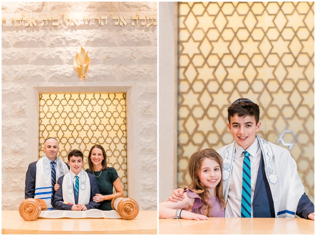 Howard County Bar Mitzvah photography at Temple Isaiah — formal family portrait with Torah scroll