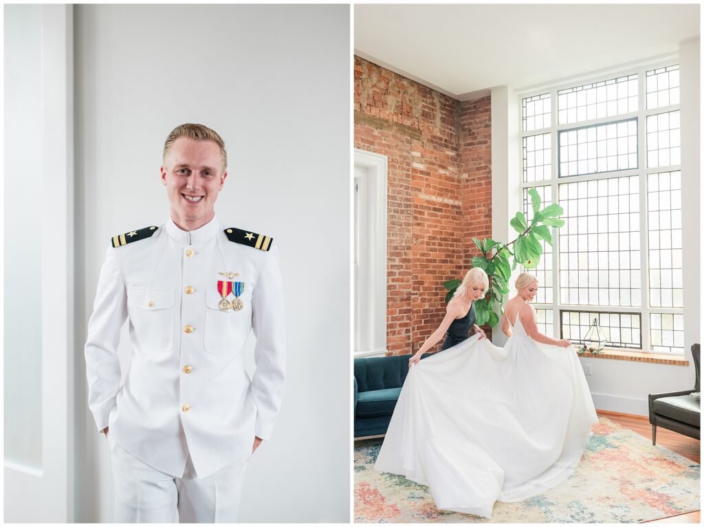 Groom in Navy dress whites and bride preparing with bridesmaid in natural light suite, illustrating intentional wedding day photo coverage during the getting ready portion of the timeline.