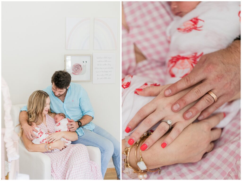 Close-up of parents’ hands resting over baby swaddles, showcasing wedding rings and bracelets during a newborn session in Gaithersburg, MD.