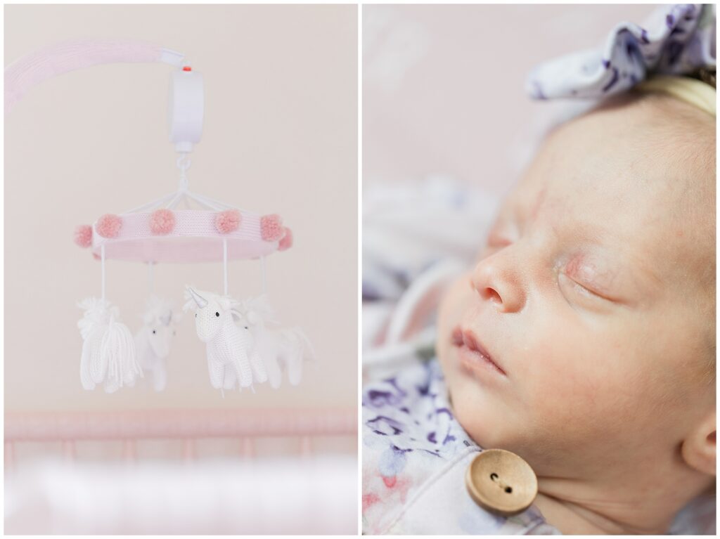 Side-by-side image of a crocheted unicorn mobile and a close-up of a sleeping newborn during a twin lifestyle session in Maryland.
