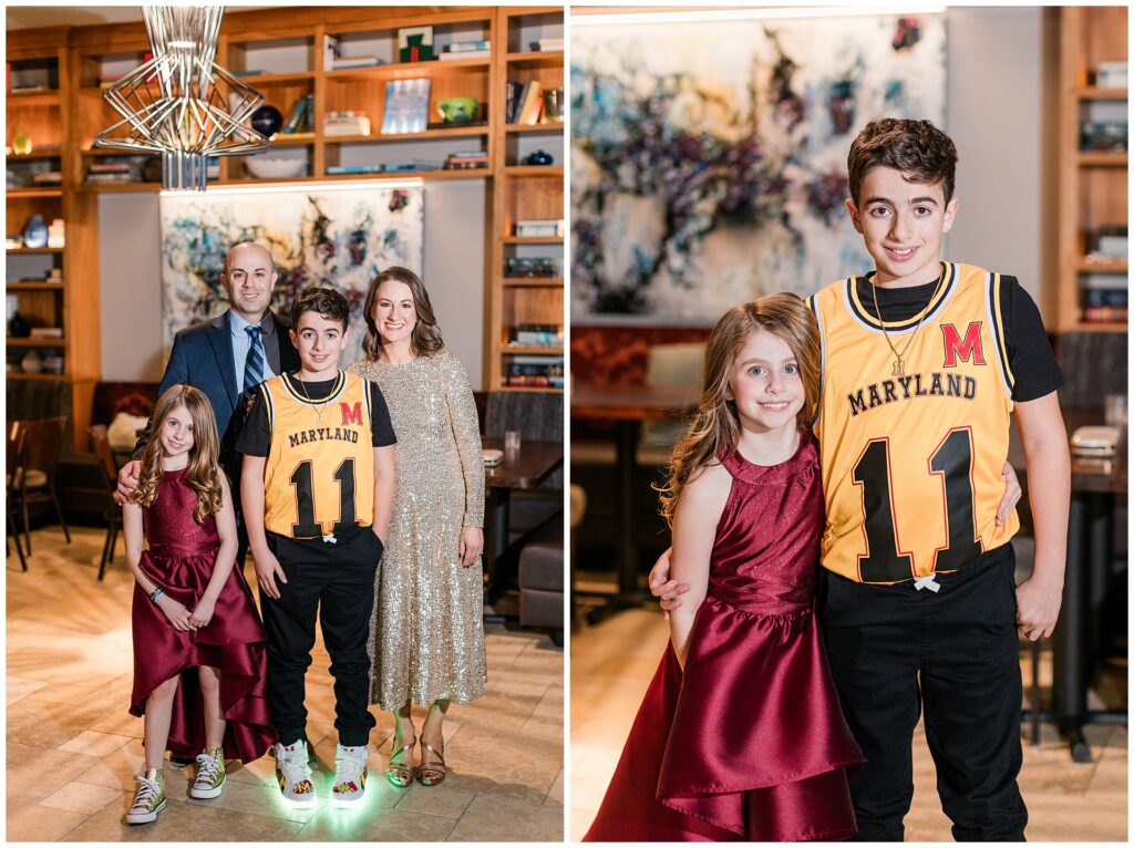 Sibling portrait during a Maryland Bar Mitzvah party at Pinstripes — warm, candid moment from a Montgomery County milestone event